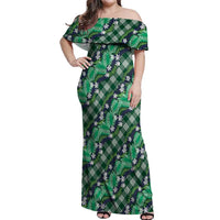 Polynesian Monstera Tiare Floral Off Shoulder Maxi Dress Forest Green Tropical Plaid - Polynesian Pride