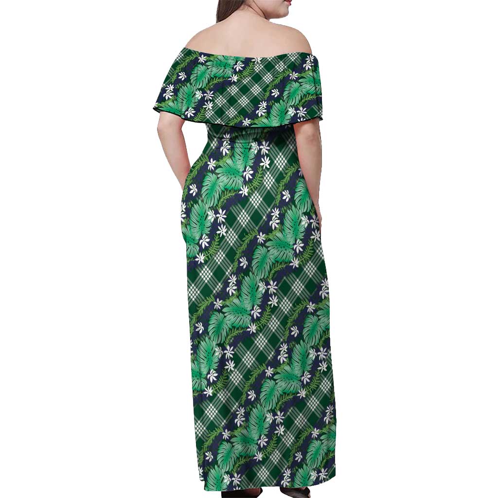 Polynesian Monstera Tiare Floral Off Shoulder Maxi Dress Forest Green Tropical Plaid - Polynesian Pride