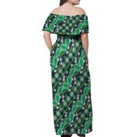 Polynesian Monstera Tiare Floral Off Shoulder Maxi Dress Forest Green Tropical Plaid - Polynesian Pride