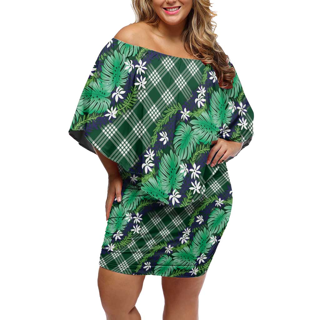 Polynesian Monstera Tiare Floral Off Shoulder Short Dress Forest Green Tropical Plaid - Polynesian Pride