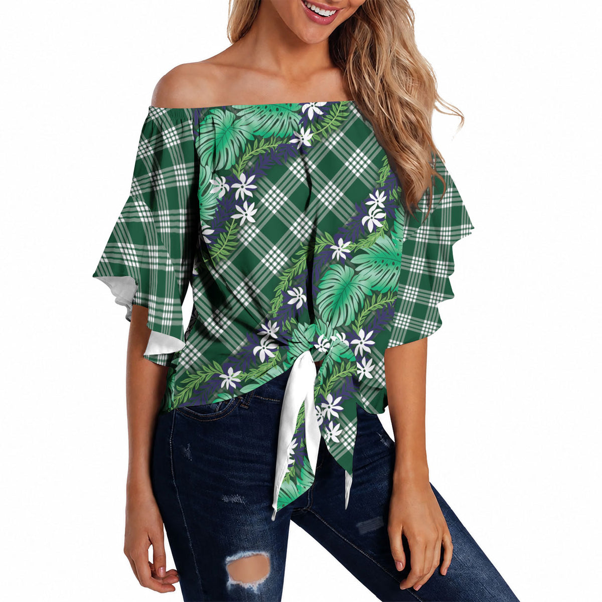 Polynesian Monstera Tiare Floral Off Shoulder Wrap Waist Top Forest Green Tropical Plaid LT01 - Polynesian Pride