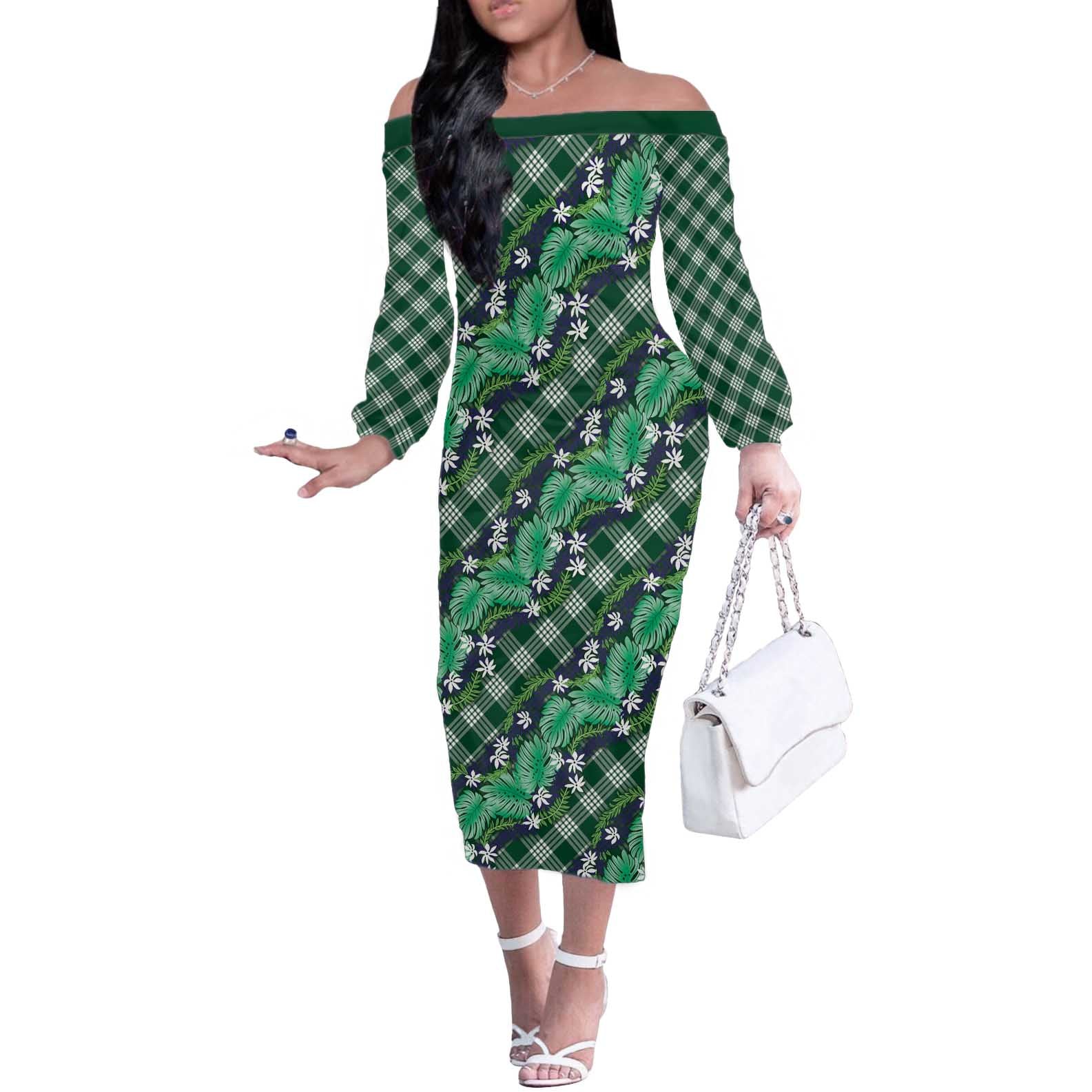 Polynesian Monstera Tiare Floral Off The Shoulder Long Sleeve Dress Forest Green Tropical Plaid - Polynesian Pride