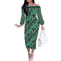 Polynesian Monstera Tiare Floral Off The Shoulder Long Sleeve Dress Forest Green Tropical Plaid - Polynesian Pride