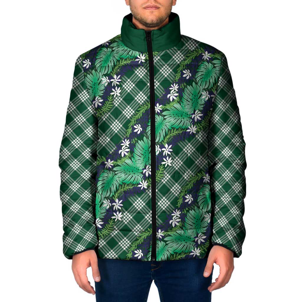 Polynesian Monstera Tiare Floral Padded Jacket Forest Green Tropical Plaid - Polynesian Pride