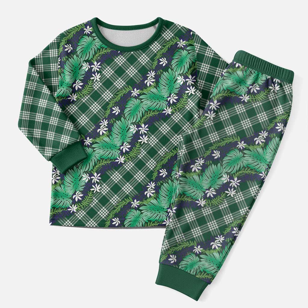 Polynesian Monstera Tiare Floral Christmas Pajama Set Forest Green Tropical Plaid - Polynesian Pride