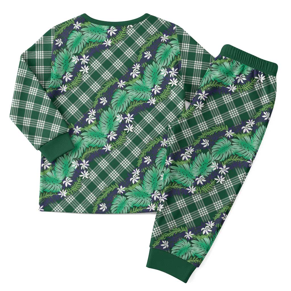 Polynesian Monstera Tiare Floral Christmas Pajama Set Forest Green Tropical Plaid - Polynesian Pride