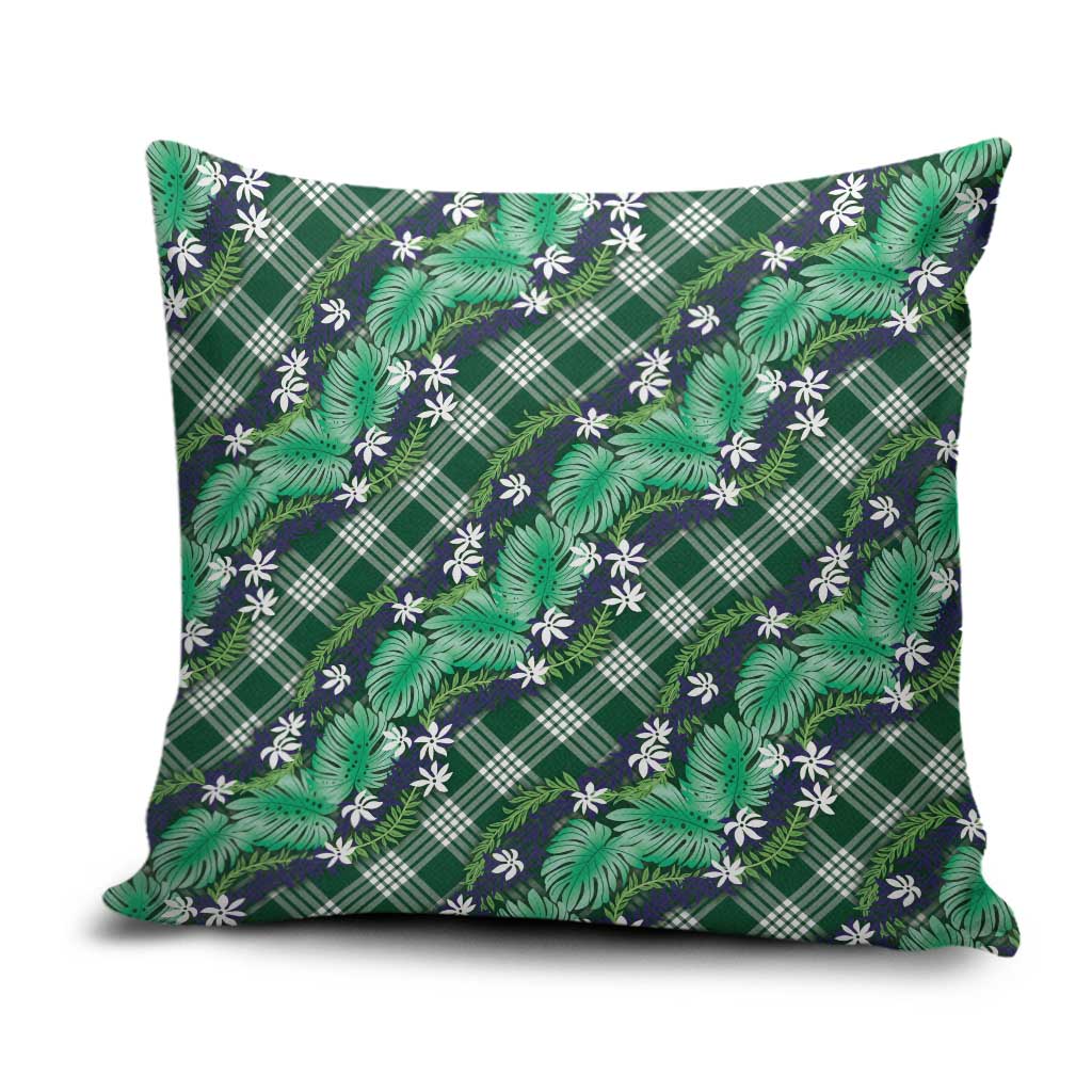 Polynesian Monstera Tiare Floral Pillow Cover Forest Green Tropical Plaid - Polynesian Pride