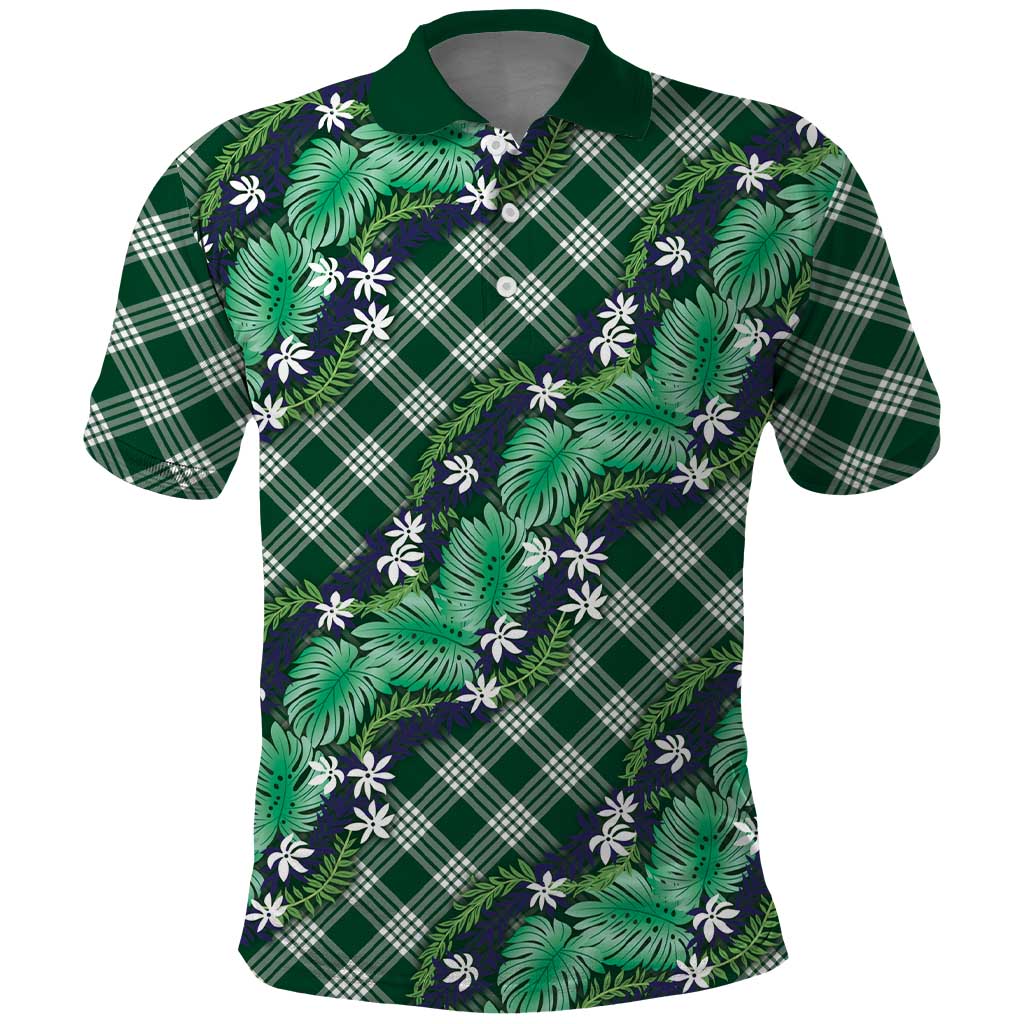 Polynesian Monstera Tiare Floral Polo Shirt Forest Green Tropical Plaid - Polynesian Pride