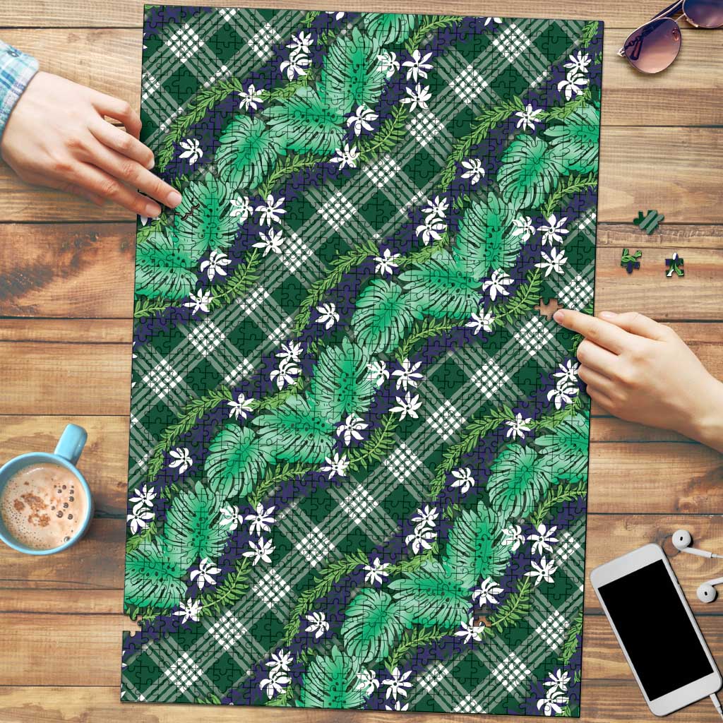 Polynesian Monstera Tiare Floral Puzzle Forest Green Tropical Plaid - Polynesian Pride