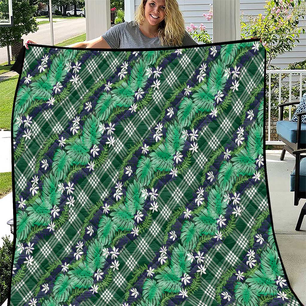 Polynesian Monstera Tiare Floral Quilt Forest Green Tropical Plaid - Polynesian Pride