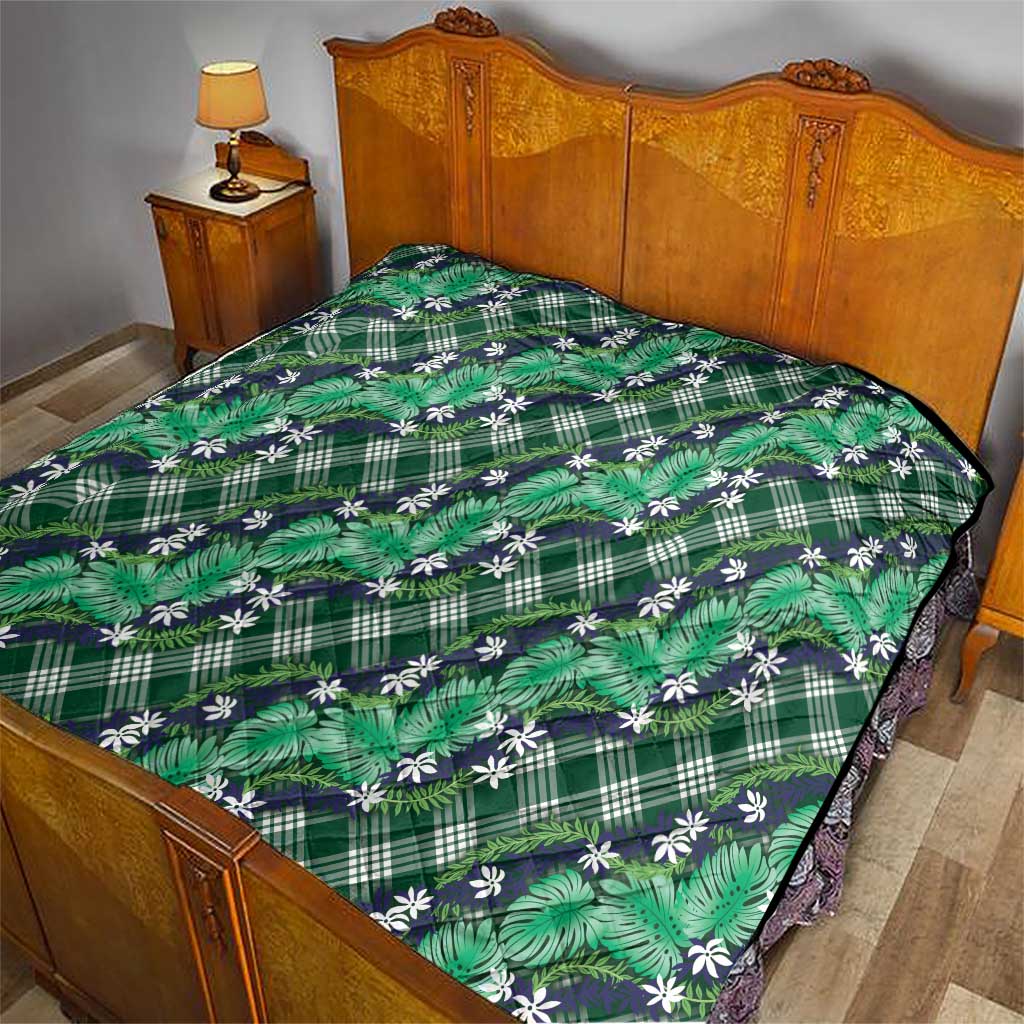 Polynesian Monstera Tiare Floral Quilt Forest Green Tropical Plaid - Polynesian Pride