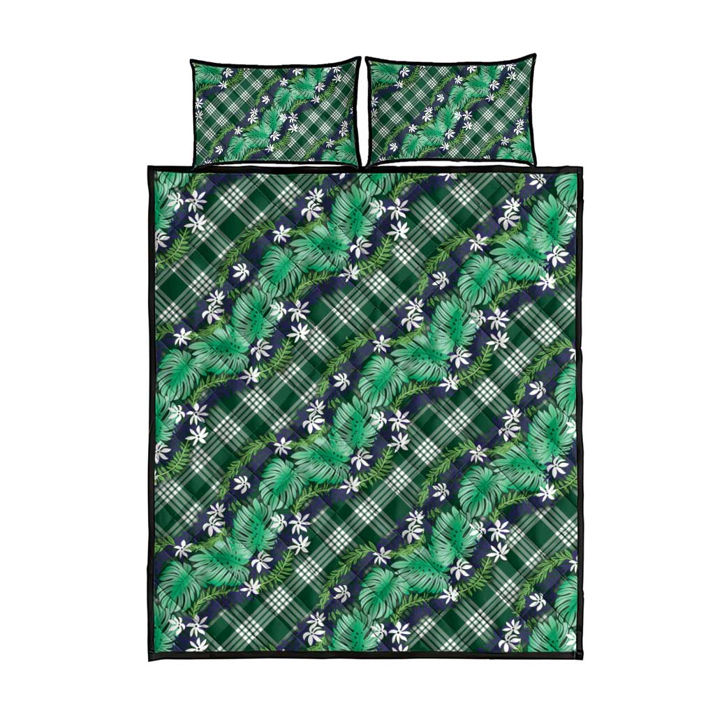 Polynesian Monstera Tiare Floral Quilt Bed Set Forest Green Tropical Plaid - Polynesian Pride
