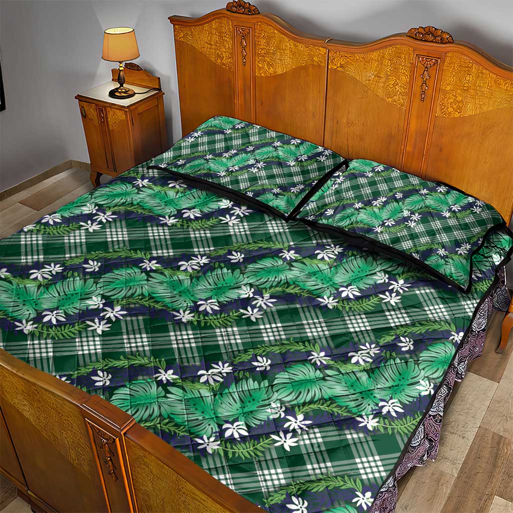 Polynesian Monstera Tiare Floral Quilt Bed Set Forest Green Tropical Plaid - Polynesian Pride
