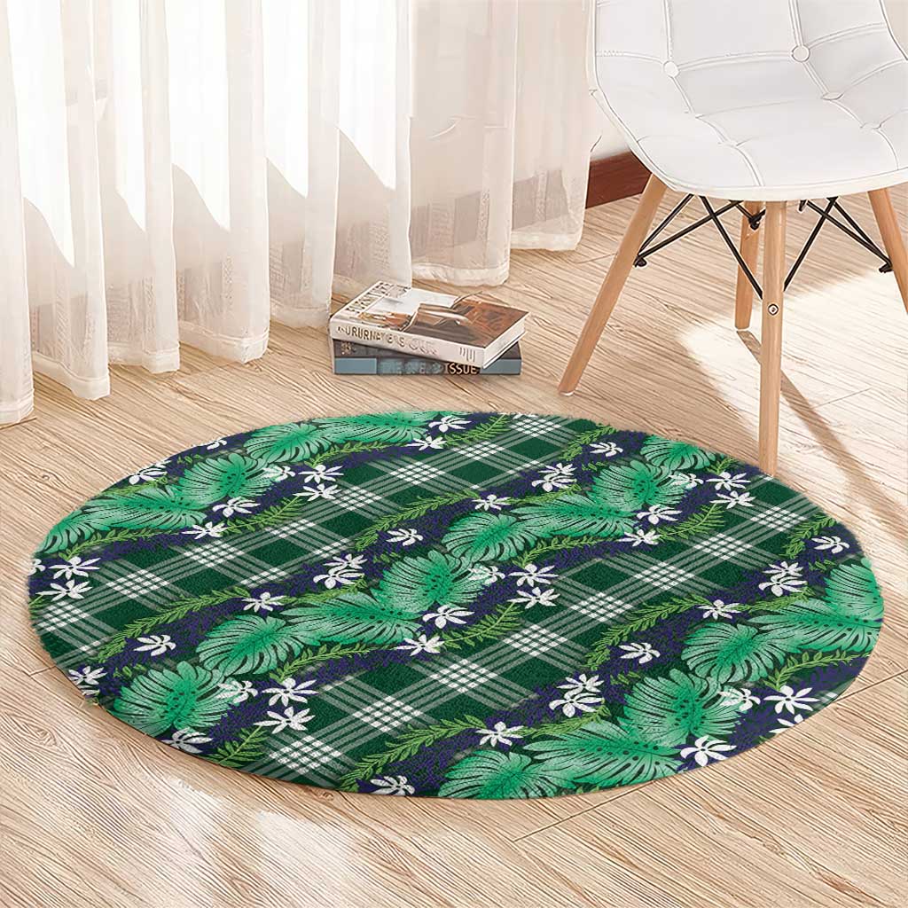 Polynesian Monstera Tiare Floral Round Carpet Forest Green Tropical Plaid - Polynesian Pride