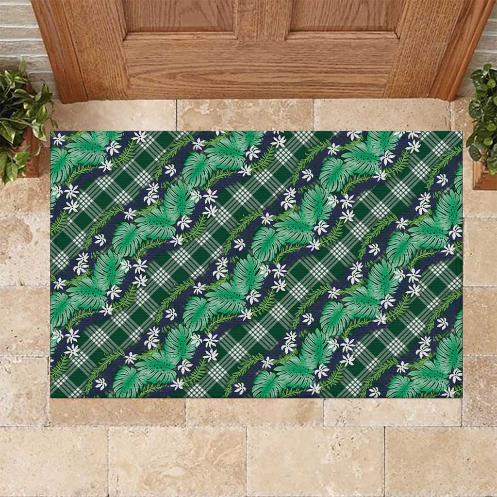 Polynesian Monstera Tiare Floral Rubber Doormat Forest Green Tropical Plaid - Polynesian Pride