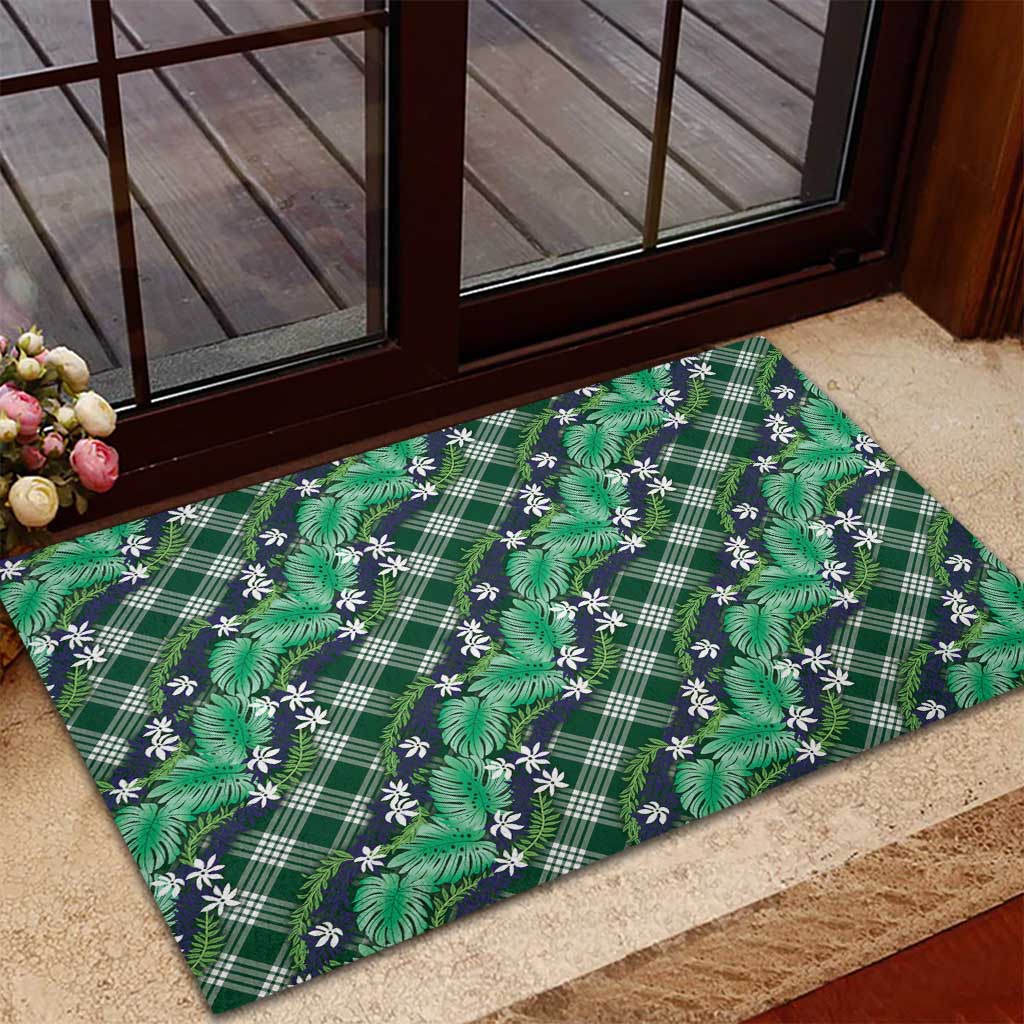 Polynesian Monstera Tiare Floral Rubber Doormat Forest Green Tropical Plaid - Polynesian Pride