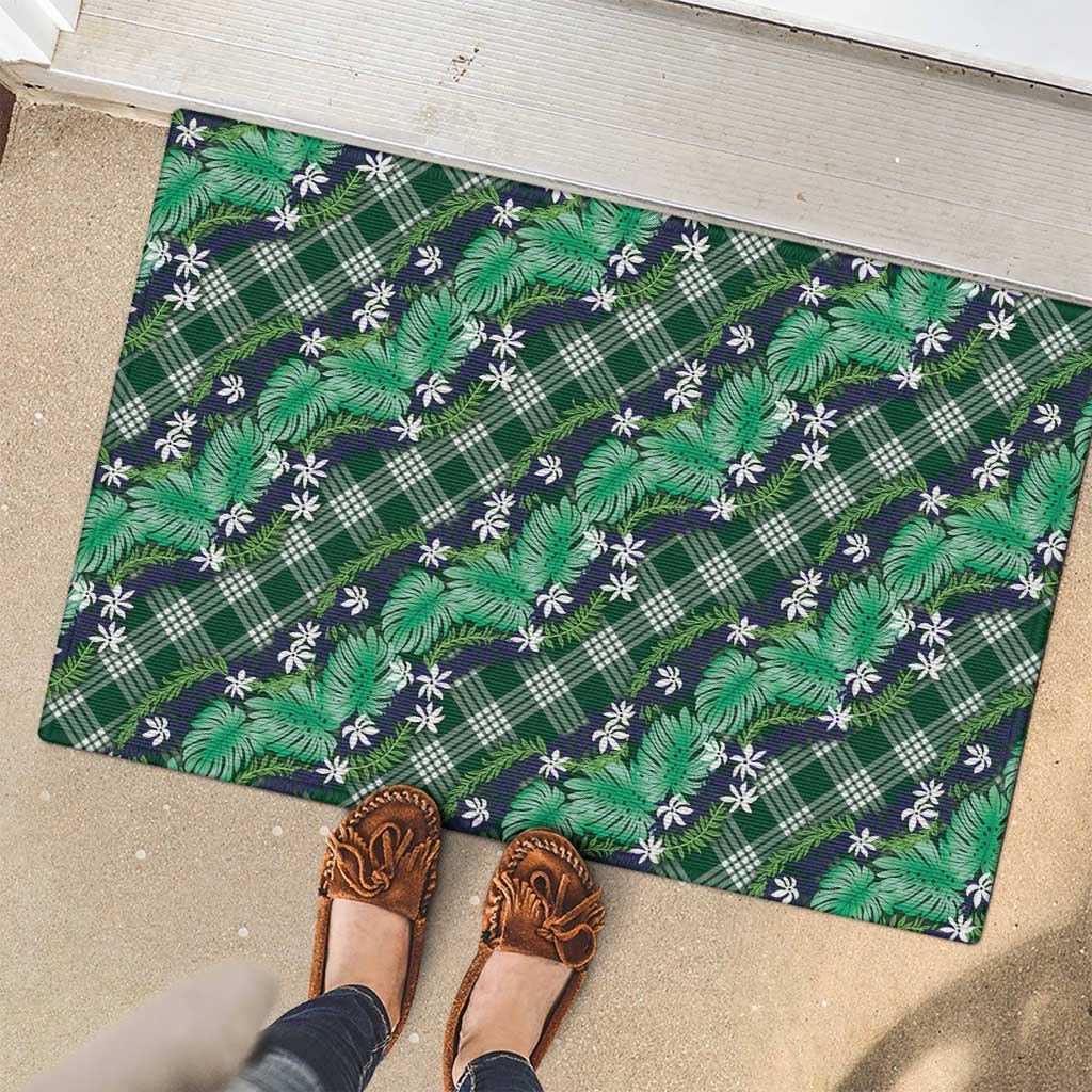 Polynesian Monstera Tiare Floral Rubber Doormat Forest Green Tropical Plaid - Polynesian Pride