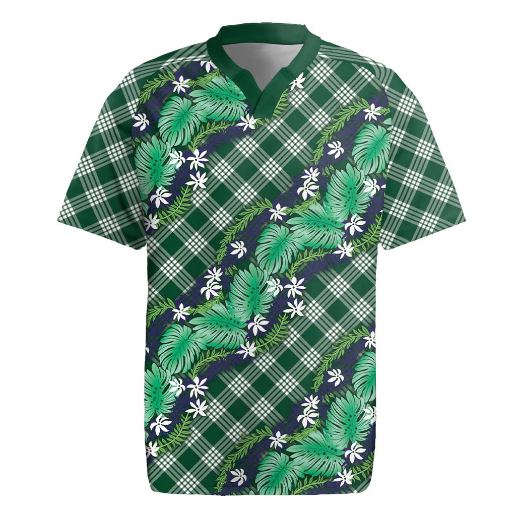 Polynesian Monstera Tiare Floral Rugby Jersey Forest Green Tropical Plaid - Polynesian Pride