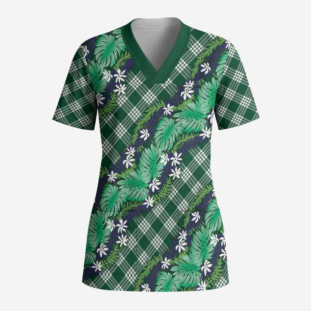 Polynesian Monstera Tiare Floral Scrub Top Forest Green Tropical Plaid - Polynesian Pride