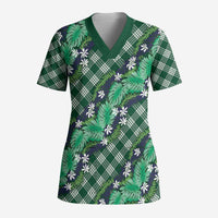 Polynesian Monstera Tiare Floral Scrub Top Forest Green Tropical Plaid - Polynesian Pride