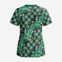 Polynesian Monstera Tiare Floral Scrub Top Forest Green Tropical Plaid - Polynesian Pride