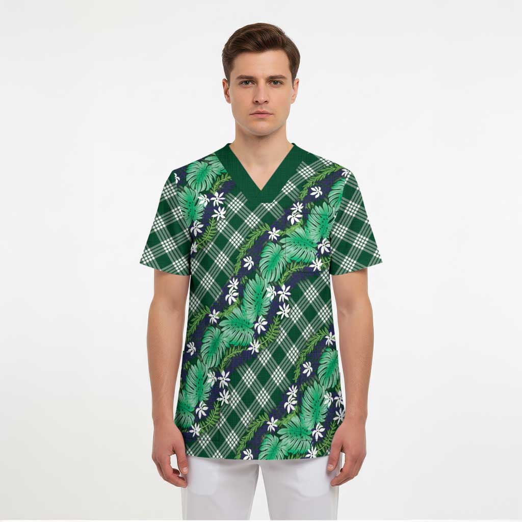 Polynesian Monstera Tiare Floral Scrub Top Forest Green Tropical Plaid - Polynesian Pride