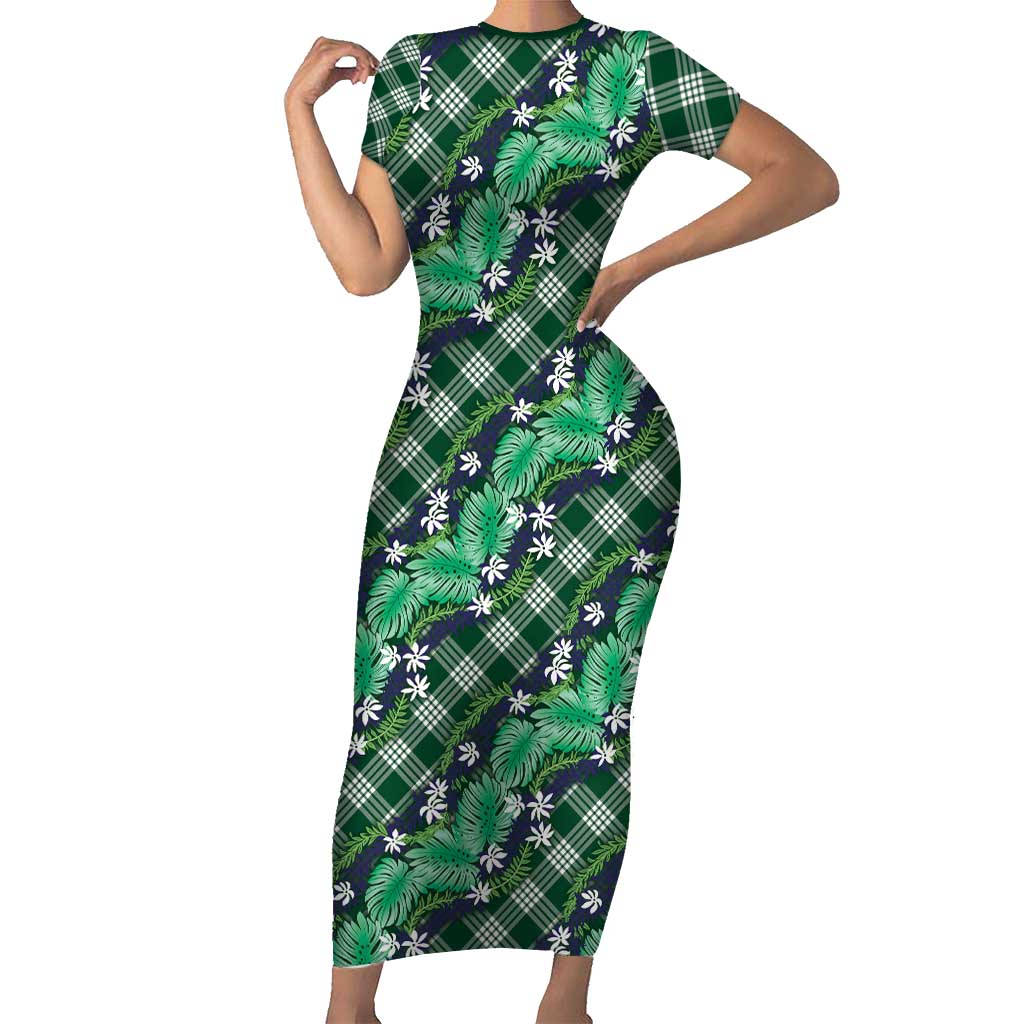 Polynesian Monstera Tiare Floral Short Sleeve Bodycon Dress Forest Green Tropical Plaid - Polynesian Pride
