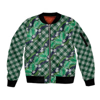 Polynesian Monstera Tiare Floral Sleeve Zip Bomber Jacket Forest Green Tropical Plaid - Polynesian Pride