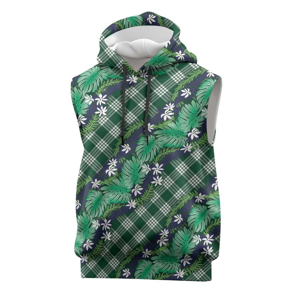 Polynesian Monstera Tiare Floral Sleeveless Hoodie Forest Green Tropical Plaid - Polynesian Pride