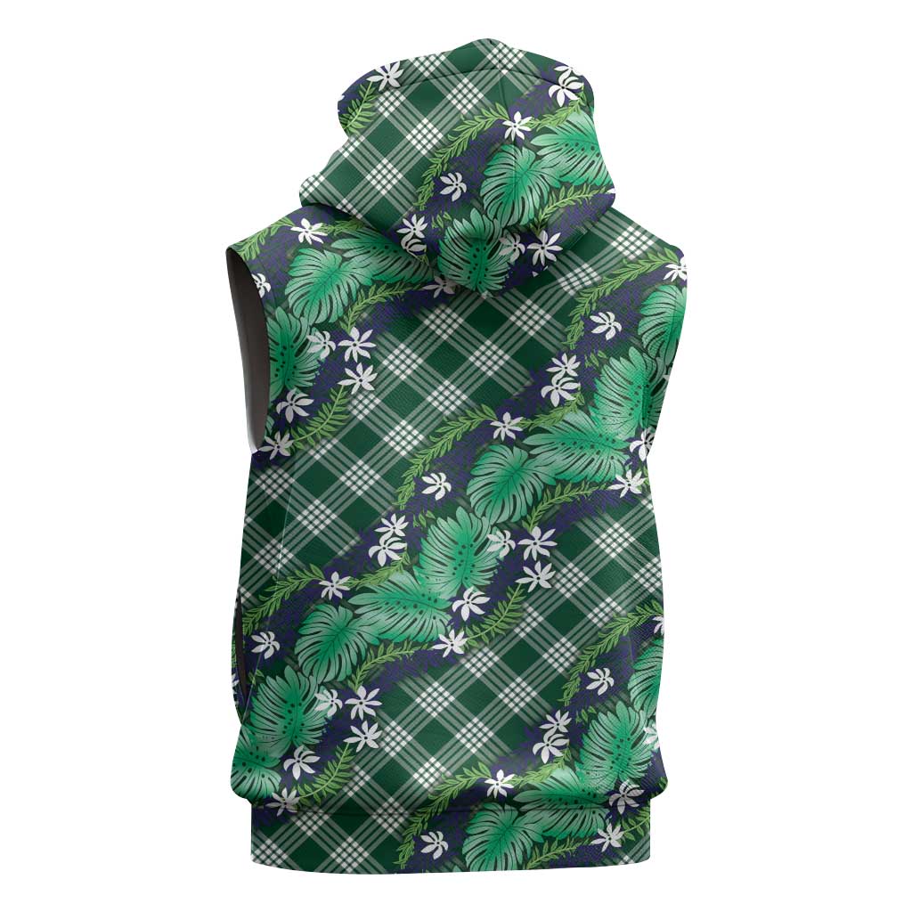 Polynesian Monstera Tiare Floral Sleeveless Hoodie Forest Green Tropical Plaid - Polynesian Pride