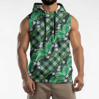 Polynesian Monstera Tiare Floral Sleeveless Hoodie Forest Green Tropical Plaid - Polynesian Pride