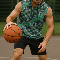 Polynesian Monstera Tiare Floral Sleeveless Hoodie Forest Green Tropical Plaid - Polynesian Pride