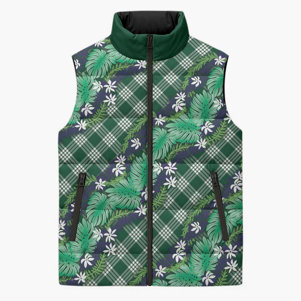 Polynesian Monstera Tiare Floral Sleeveless Puffer Jacket Forest Green Tropical Plaid - Polynesian Pride