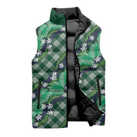 Polynesian Monstera Tiare Floral Sleeveless Puffer Jacket Forest Green Tropical Plaid - Polynesian Pride