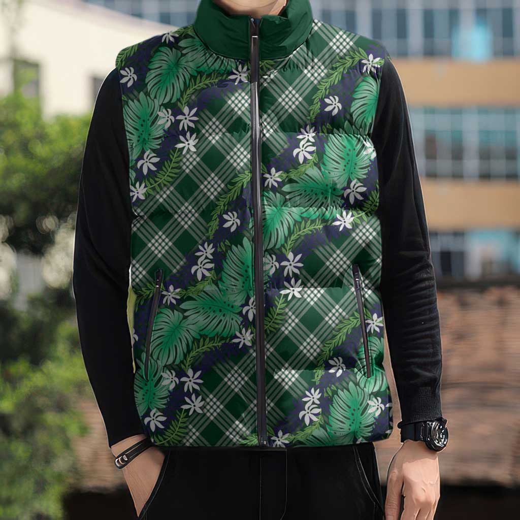 Polynesian Monstera Tiare Floral Sleeveless Puffer Jacket Forest Green Tropical Plaid - Polynesian Pride