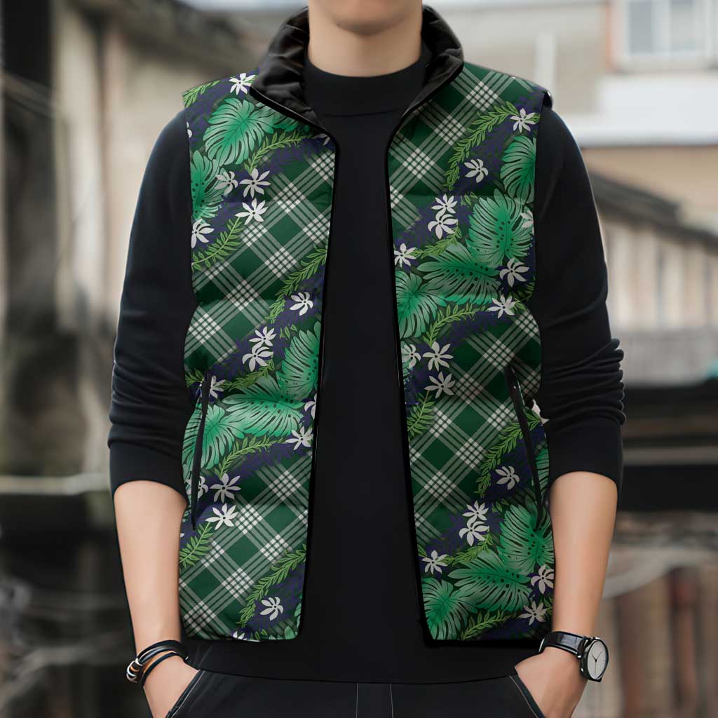 Polynesian Monstera Tiare Floral Sleeveless Puffer Jacket Forest Green Tropical Plaid - Polynesian Pride