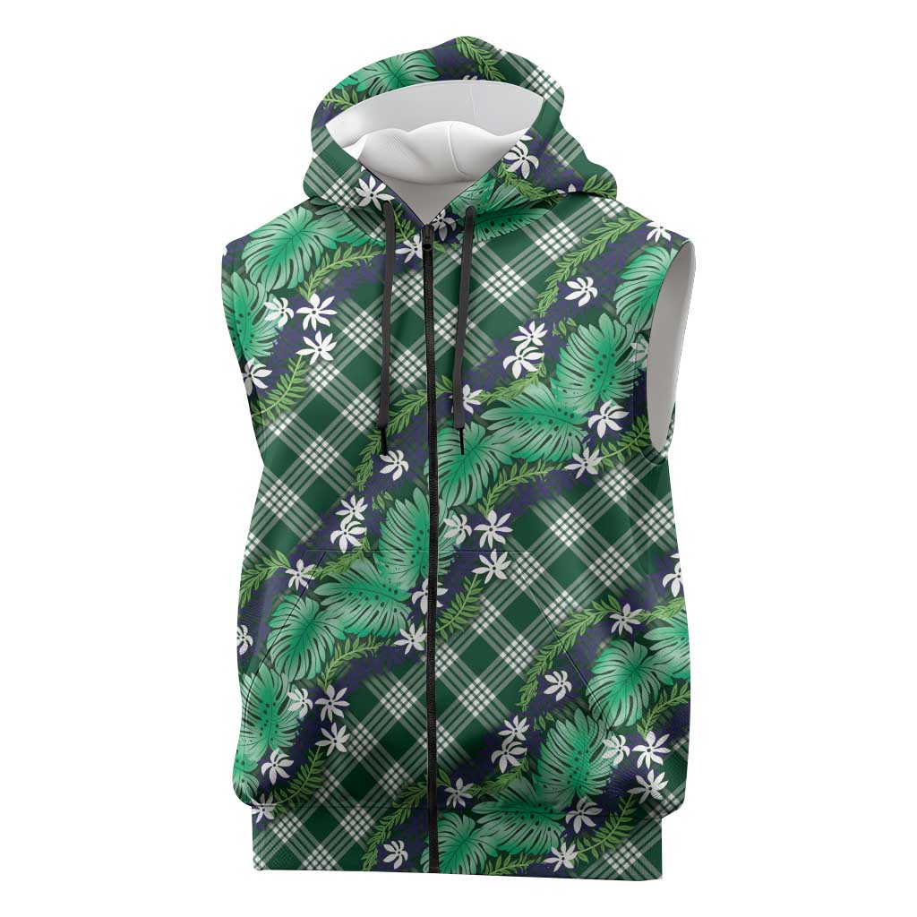 Polynesian Monstera Tiare Floral Sleeveless Zip Hoodie Forest Green Tropical Plaid - Polynesian Pride