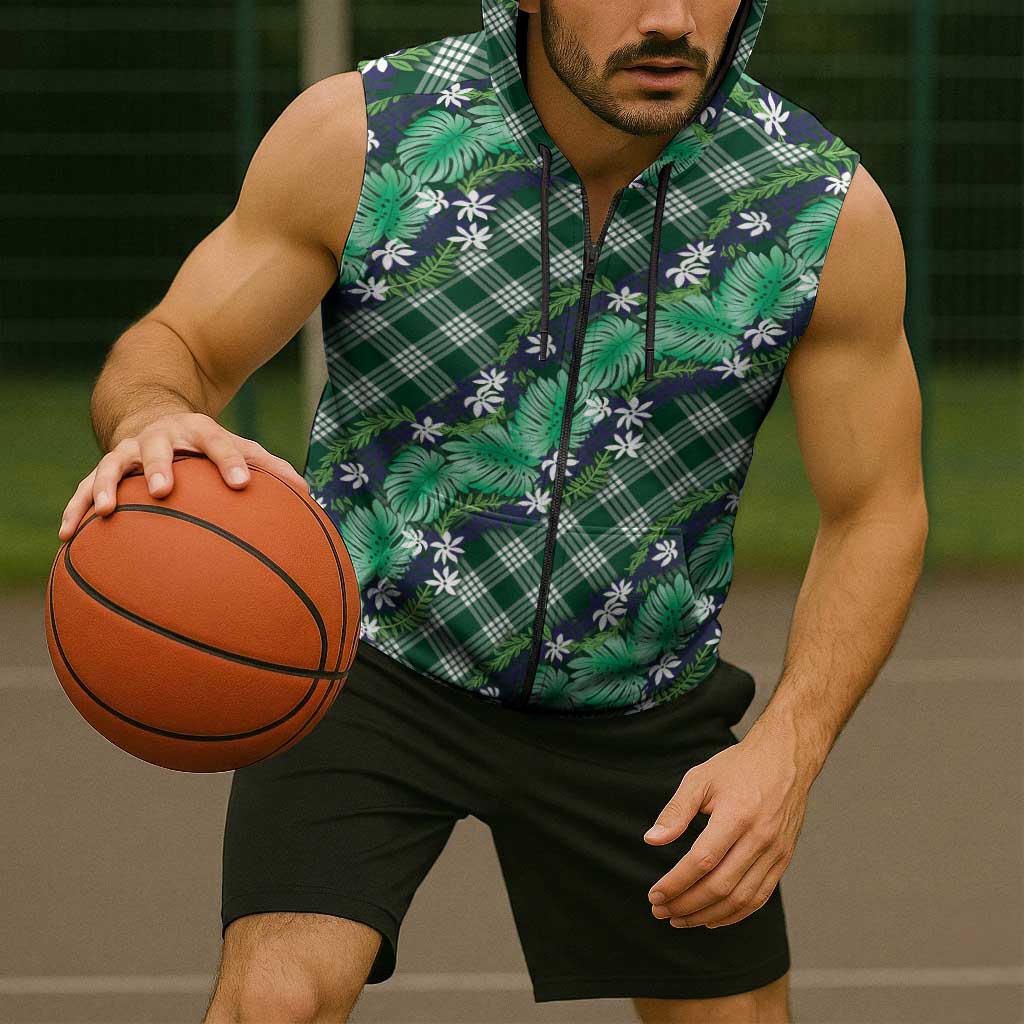 Polynesian Monstera Tiare Floral Sleeveless Zip Hoodie Forest Green Tropical Plaid - Polynesian Pride