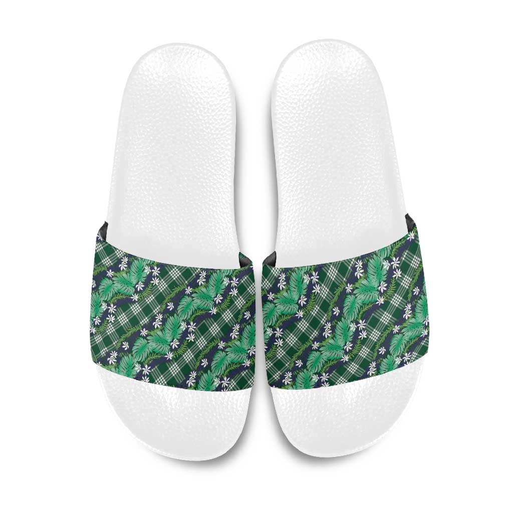 Polynesian Monstera Tiare Floral Slide Sandals Forest Green Tropical Plaid - Polynesian Pride
