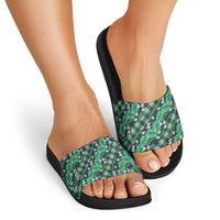 Polynesian Monstera Tiare Floral Slide Sandals Forest Green Tropical Plaid - Polynesian Pride