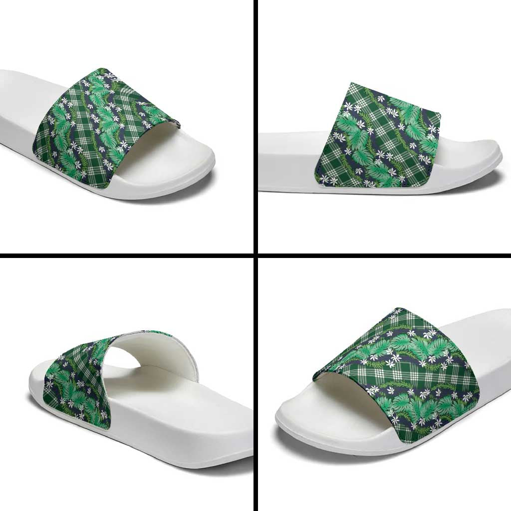 Polynesian Monstera Tiare Floral Slide Sandals Forest Green Tropical Plaid - Polynesian Pride
