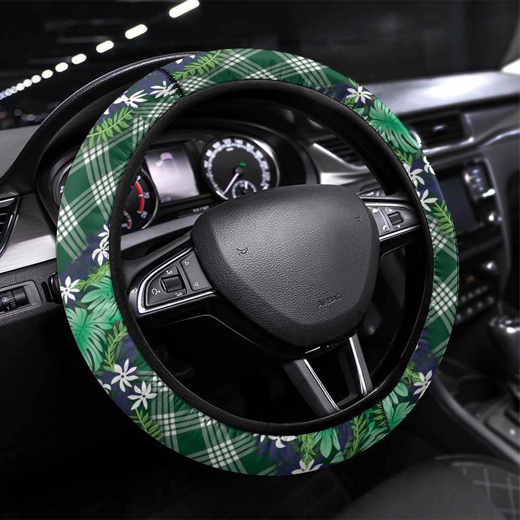 Polynesian Monstera Tiare Floral Steering Wheel Cover Forest Green Tropical Plaid - Polynesian Pride