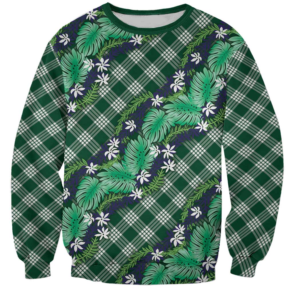 Polynesian Monstera Tiare Floral Sweatshirt Forest Green Tropical Plaid - Polynesian Pride