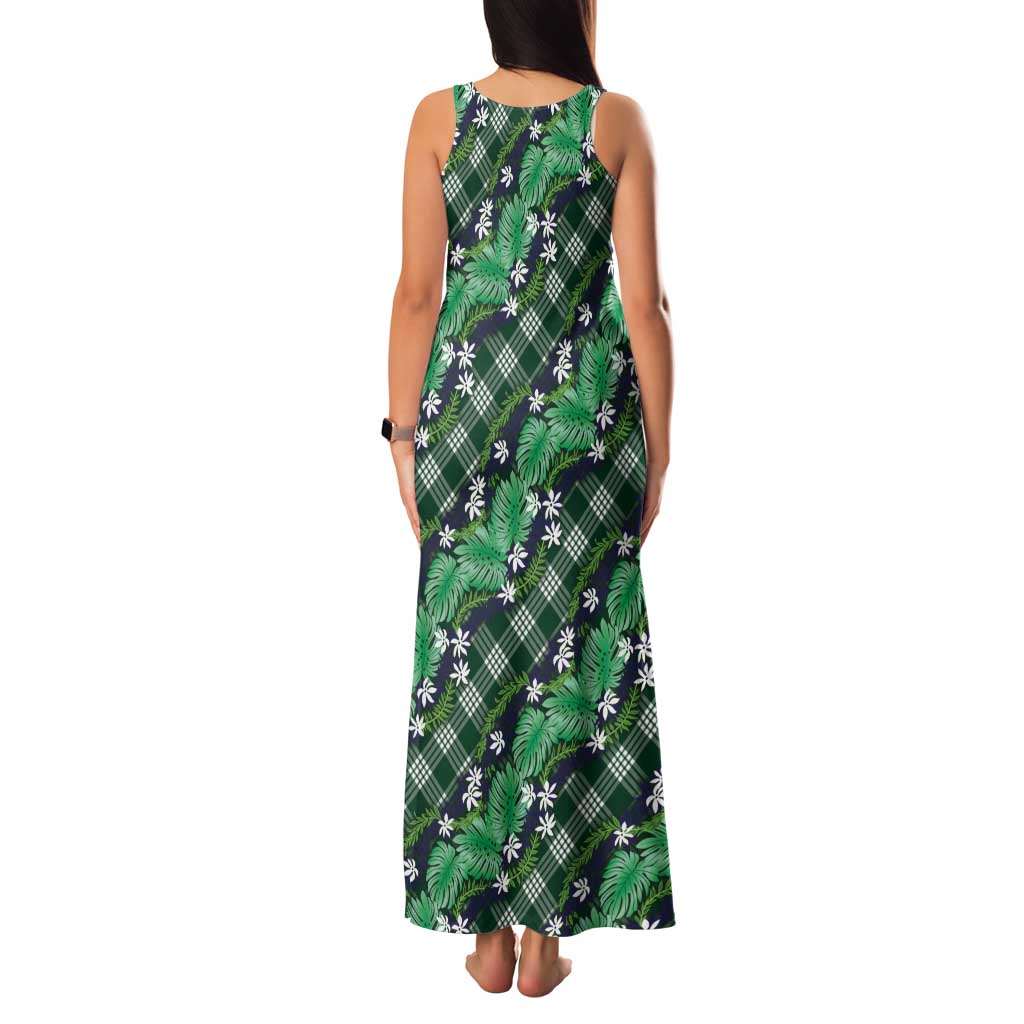 Polynesian Monstera Tiare Floral Tank Maxi Dress Forest Green Tropical Plaid - Polynesian Pride