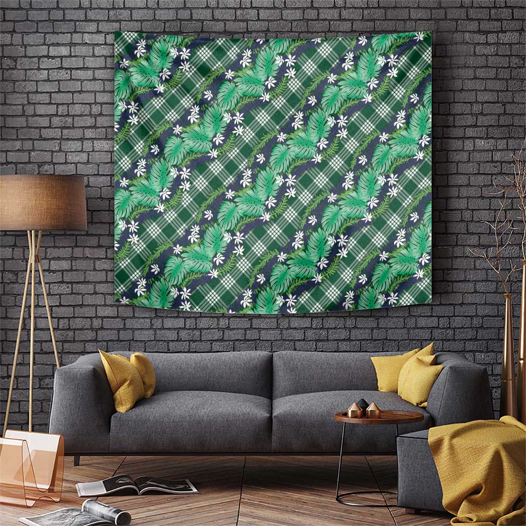 Polynesian Monstera Tiare Floral Tapestry Forest Green Tropical Plaid - Polynesian Pride