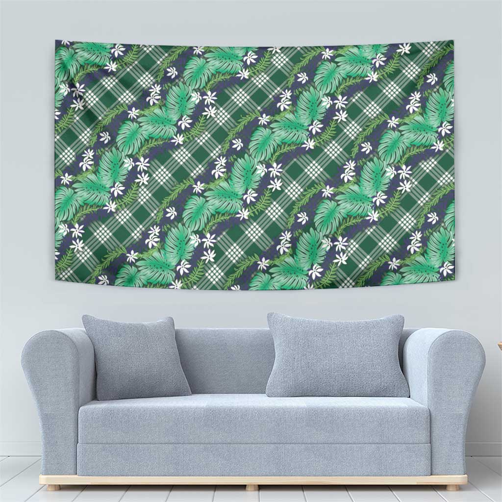 Polynesian Monstera Tiare Floral Tapestry Forest Green Tropical Plaid - Polynesian Pride