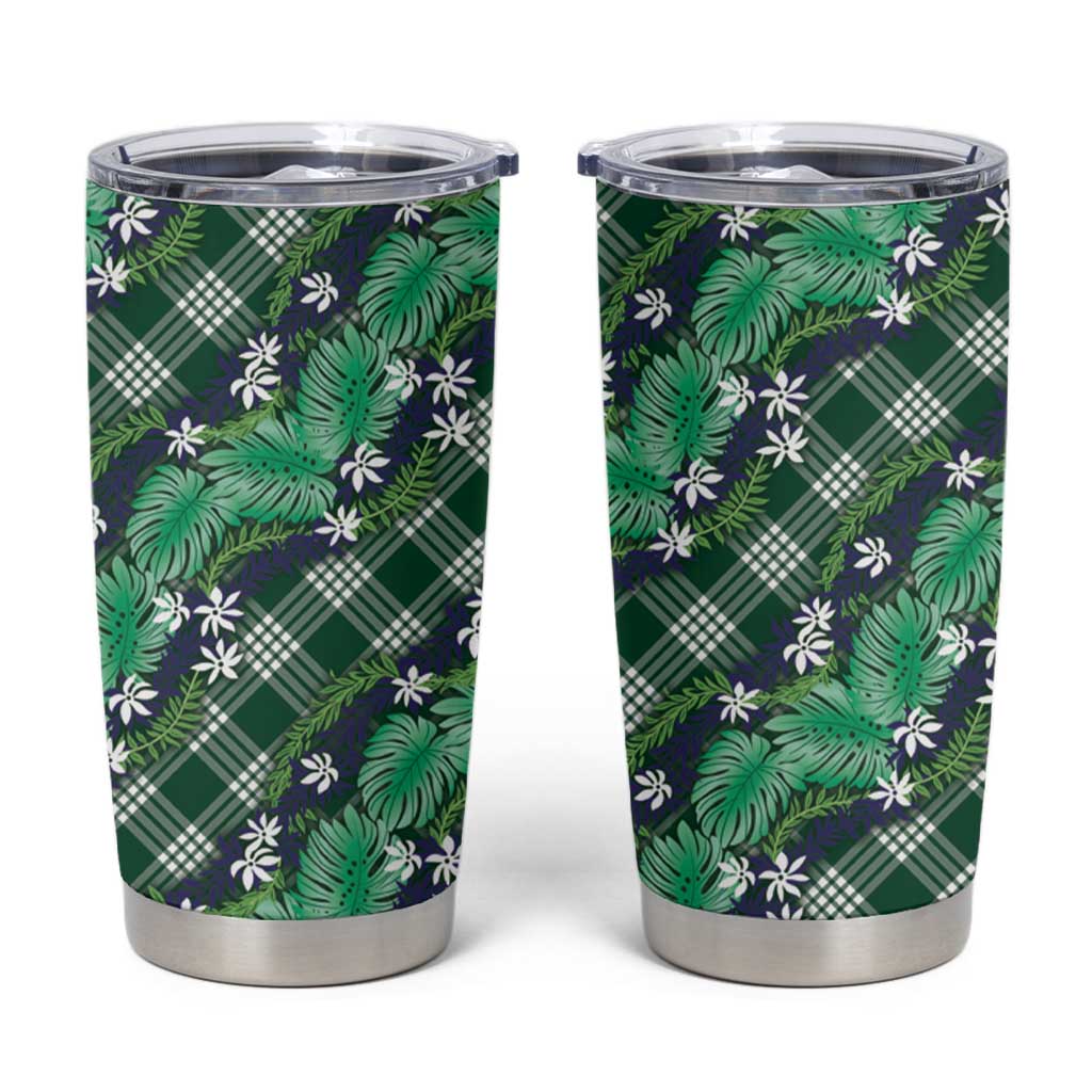 Polynesian Monstera Tiare Floral Tumbler Cup Forest Green Tropical Plaid - Polynesian Pride