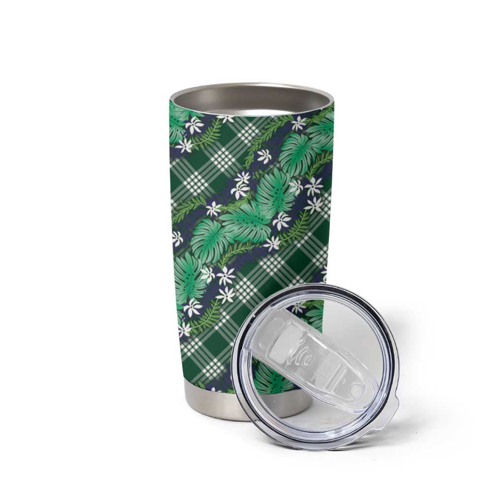 Polynesian Monstera Tiare Floral Tumbler Cup Forest Green Tropical Plaid - Polynesian Pride