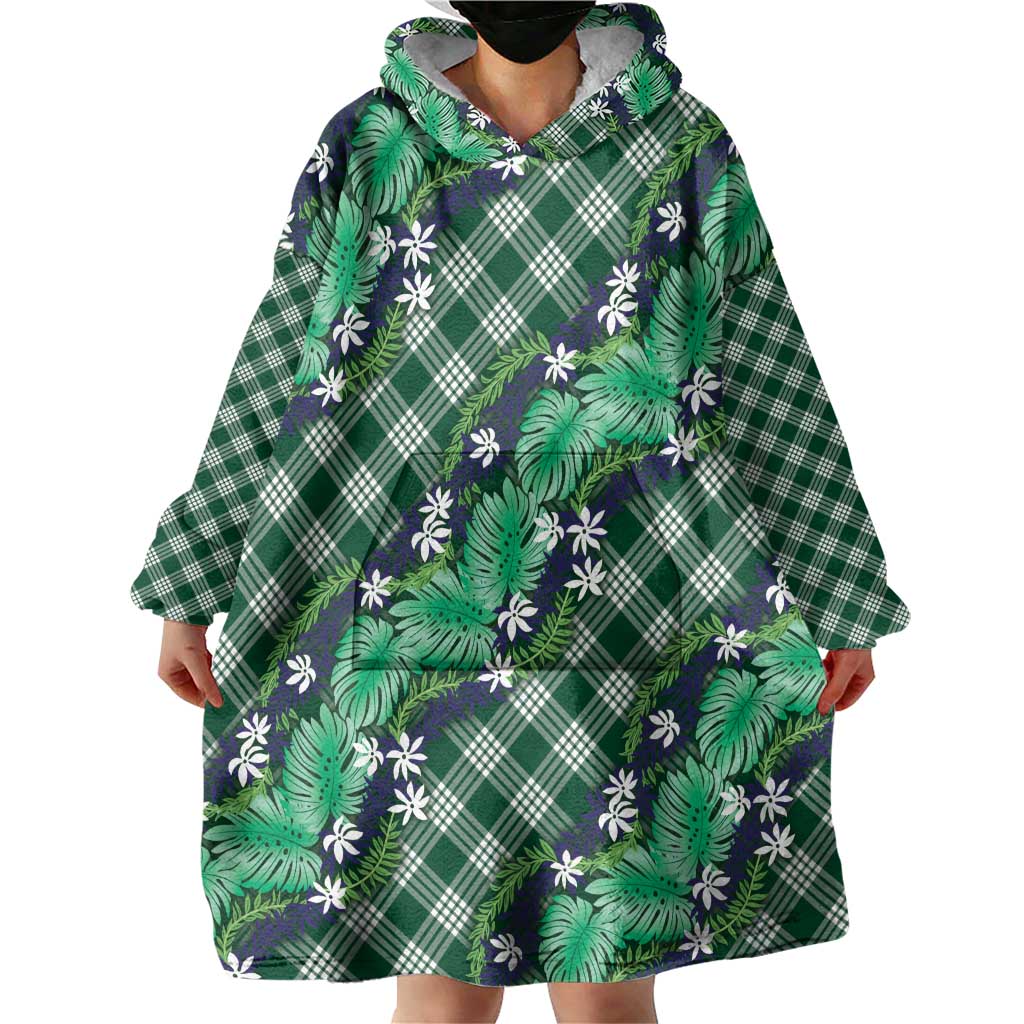 Polynesian Monstera Tiare Floral Wearable Blanket Hoodie Forest Green Tropical Plaid - Polynesian Pride