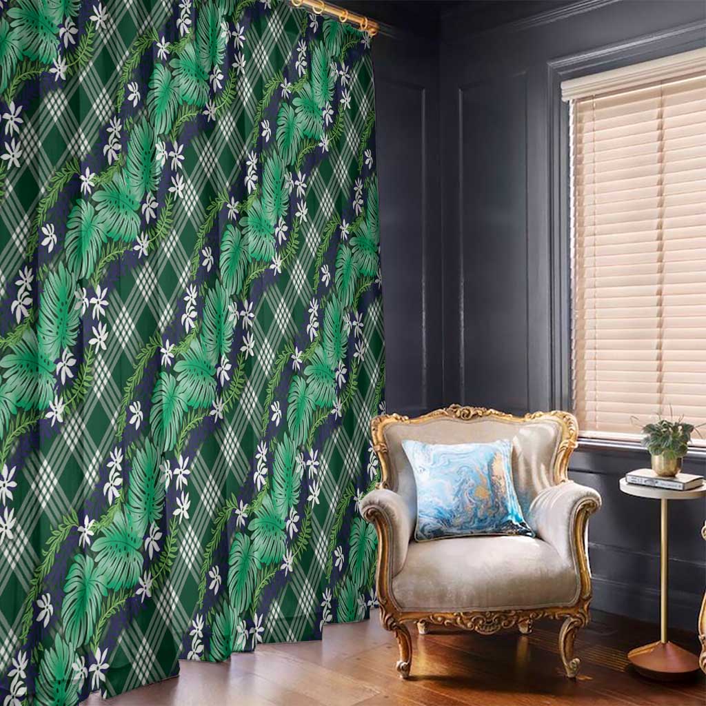 Polynesian Monstera Tiare Floral Window Curtain Forest Green Tropical Plaid - Polynesian Pride